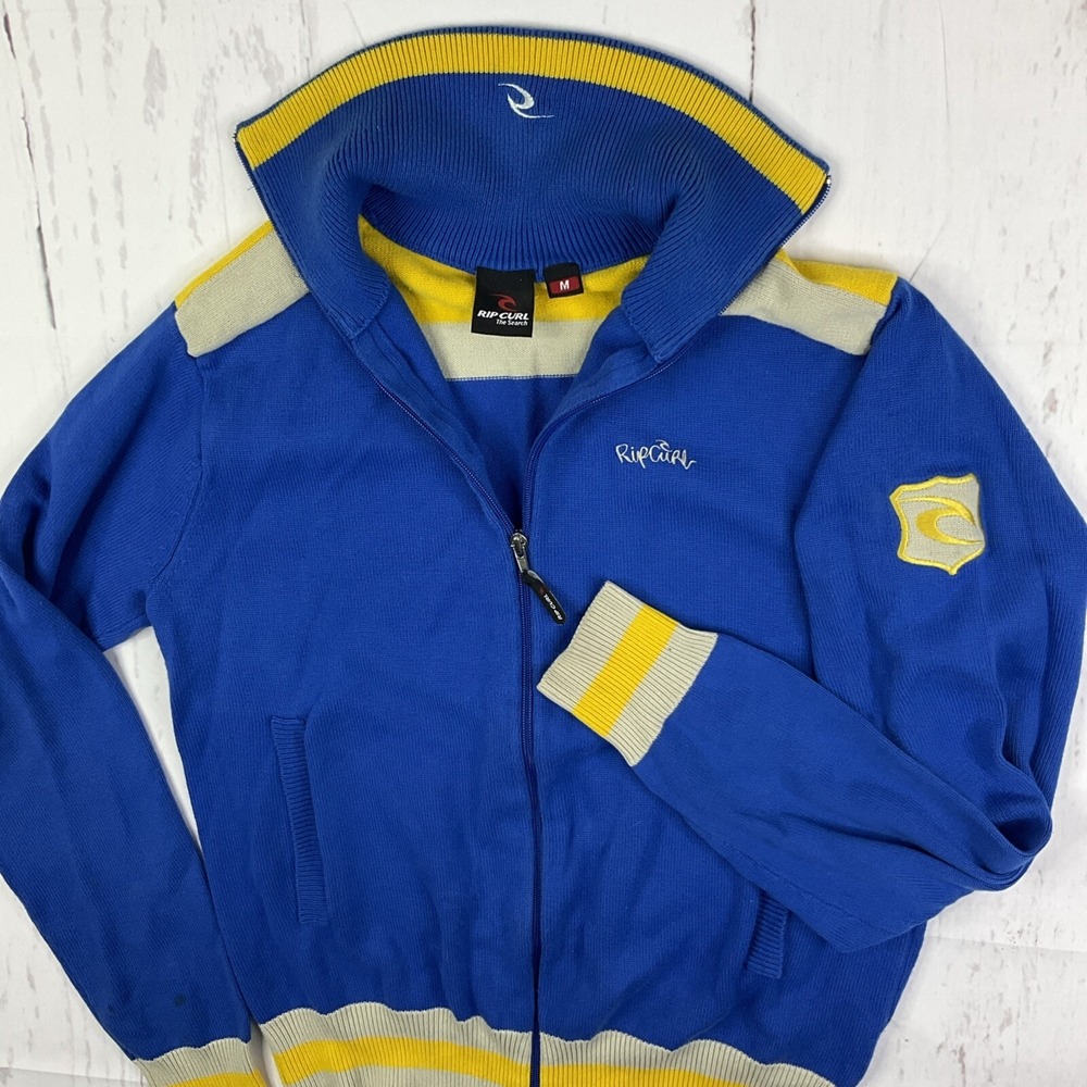 Vintage‎ Rip Curl Knit Cardigan Sweater Mens M Blue Full Zip Mock Neck Retro Y2K